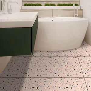Pink terrazzo self-adhesive floor tile sticker, waterproof PVC wall decor for bathroom use.