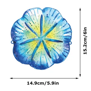 Detail view of blue watercolor metal marine wall decor with size dimensions, iron art pendant.