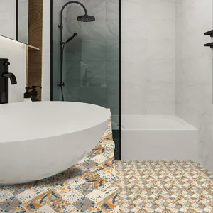 Detailed view of terrazzo self-adhesive tile sticker in bathroom sink and floor countertop.