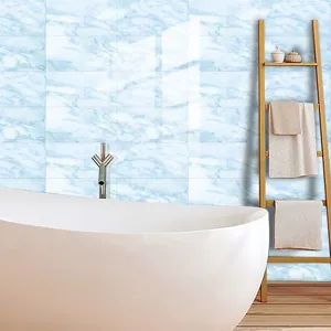 Autocollant de carrelage en marbre bleu, film mural décoratif texture cristal pour bain.