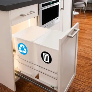 Pattumiera da cucina doppia estraibile moderna con icone di riciclo per uso domestico.