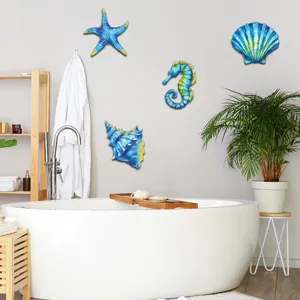 Metal ocean wall art set featuring starfish seahorse and seashells for home wall decor