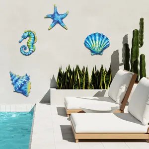 Metal ocean wall art decor, coastal seashell seahorse starfish hanging for home outdoor poolside.