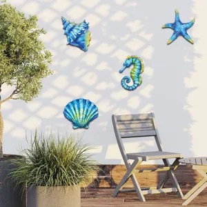 Metal sea life wall decor set featuring seashell and starfish for home outdoor garden use