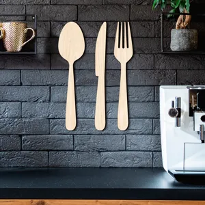 Ensemble d'art mural en bois 3D couverts, cuillère couteau fourchette déco cuisine