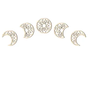 Wooden moon phase wall hanging decor, 5 pieces hollow carved lunar cycle art for home.