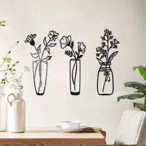 3D acrylic mirror wall stickers, black flower vase plants home decor self-adhesive wall art.
