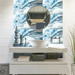 Autocollant de carreau de marbre bleu pour décoration murale de salle de bain, texture cristal.