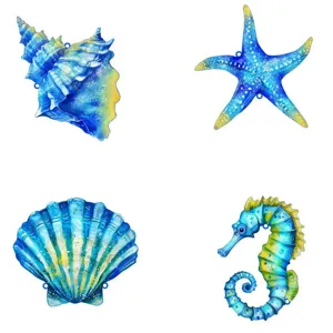 Metal Ocean Wall Decor Shell Starfish Seahorse Hanging Art Set for Home Room Decoration