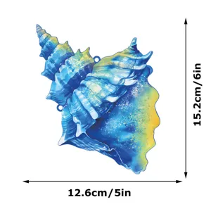 Blue shell metal wall art detail view, decorative ocean theme hanging pendant for home decor.