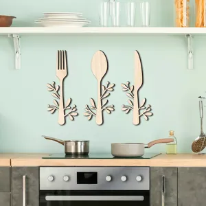 Detail de decoration murale en bois, suspension autocollant cuisine, style minimaliste.