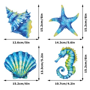 Metal marine wall art set including conch starfish scallop seahorse with size guide