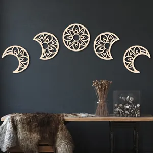 Wooden moon phase wall decor, 5-piece mandala hollow hanging art for home living room background.