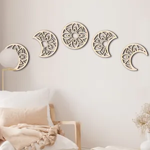 Wooden moon phase wall art decor set, boho hanging wooden moon cycle wall sculpture for home bedroom
