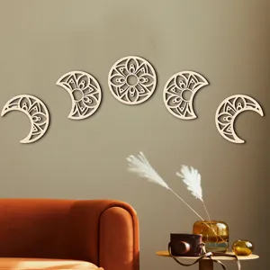 3D wooden moon phase wall hanging set, hollow mandala wood art for bohemian home decor.