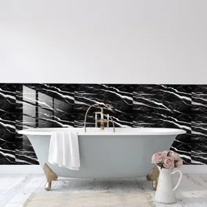 Stickers de carrelage texture marbre noir, papier peint imperméable pour déco de salle de bain.