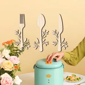 Ensemble de décoration murale de cuisine en bois, découpes de fourchette cuillère couteau 3D.