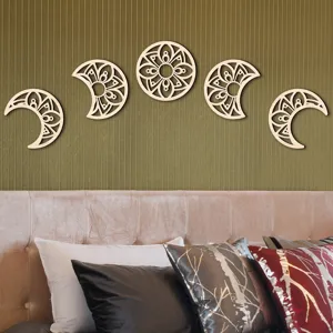 Wooden moon phase wall hanging set, boho home decor, decorative wood carving for bedroom.