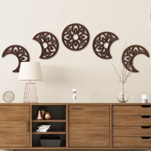3D hollow wooden moon phase wall art hanging decor, boho home interior wall decoration.