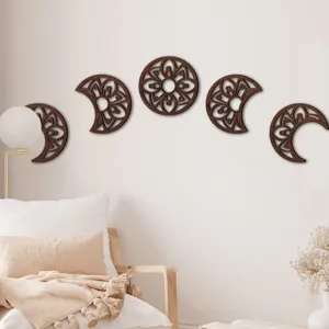 3D hollow wooden moon phase wall hanging decor, detailed mandala pattern for bedroom wall.