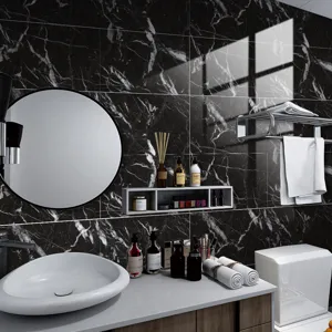 Stickers carrelage effet marbre noir imperméable décoration murale pour salle de bain moderne.
