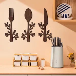Ensemble de suspension murale couverts en bois 3D, fourchette cuillère cuisine déco