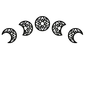 Wooden moon phase wall hanging decor set featuring hallowed mandala patterns for home interior.