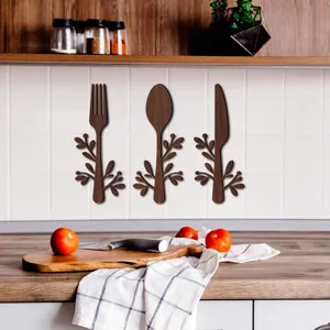 Detail de l'autocollant mural en bois couverts fourchette couteau, decor de cuisine.