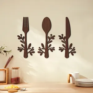 Sticker mural créatif en bois 3D coutellerie fourchette cuillère cuisine décoration