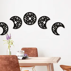 Wooden moon phase wall art set, 3D hollow moon cycle hanging decor for bedroom and living room.