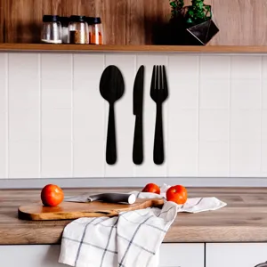 Autocollants muraux couverts en bois cuisine décor cuillère couteau fourchette ensemble noir