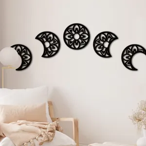 Wooden moon phase wall hanging set, black mandala hollow art decor for living room.