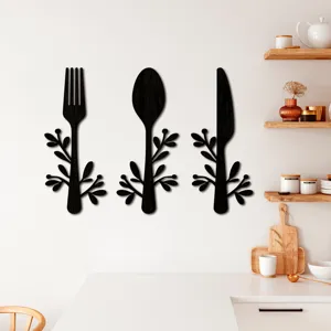Sticker mural en bois couverts cuisine deco 3d fourchette cuillere couteau art mural