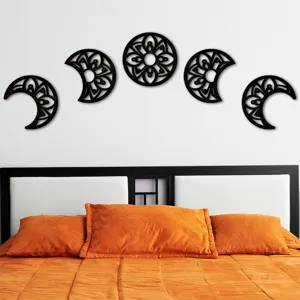 Wooden moon phase wall hanging decor, 5-piece hollow mandala moon art for bedroom wall.