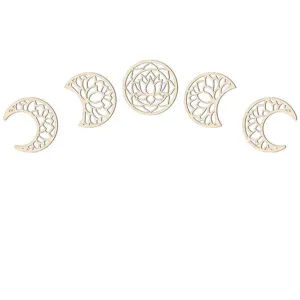 Close-up details of the hollow wooden moon phase wall decor, intricate carving craftsmanship.