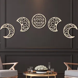 Wooden moon phase wall decor set, hollow moon cycle hanging art for living room home.