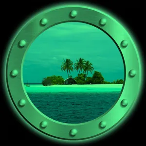 Luminous porthole fridge sticker featuring tropical island view, removable decorative home decal.
