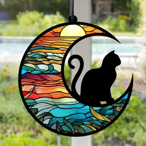 Buntglas-Stil schwarze Katze Halbmond hängender Sonnenfänger Fensterschmuck für Zuhause