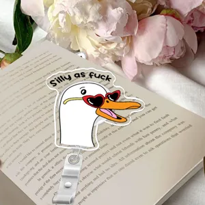 Closeup of funny silly goose acrylic badge reel id card holder accessory detail view
