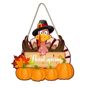 Thanksgiving turkey wooden hanging plaque with pumpkins and maple leaves for party.