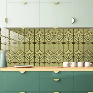 Dettaglio adesivo piastrella retro con motivo floreale vintage per pareti cucina e bagno.