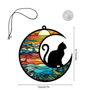 Buntglas-Stil Katze am Mond Hängeornament mit Seil und Saugnapf für Heimdekoration.