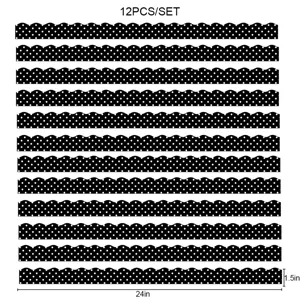 Vista dettagliata del bordo magnetico decorativo a pois bianchi e neri, 1,5x24 pollici.