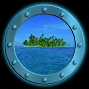 Detail view of the luminous porthole fridge sticker featuring a tropical island view.