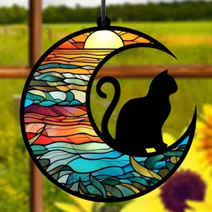 Buntglas Katze Mond Hängende Ornament, UV gedruckter Acryl Sonnenfänger für die Inneneinrichtung.