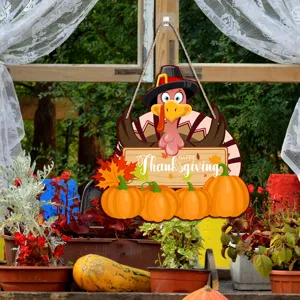 Thanksgiving wooden turkey hanging sign detail, rustic holiday porch decor with pumpkins and leaves.