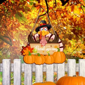 Thanksgiving wooden hanging sign featuring cute cartoon turkey and autumn pumpkin detail.
