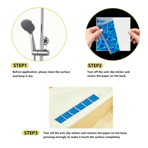 Anti-slip bathtub stickers with blue water ripple design, easy installation steps for bathroom.