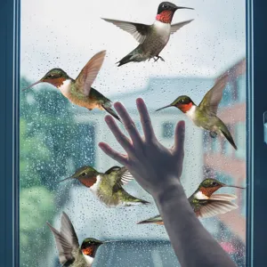 Primo piano dettagliato che mostra adesivi per finestre anti-collisione colibrì sul vetro.