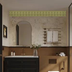 Scena di dettaglio del bagno che mostra adesivo bordo piastrella verde decorativo.